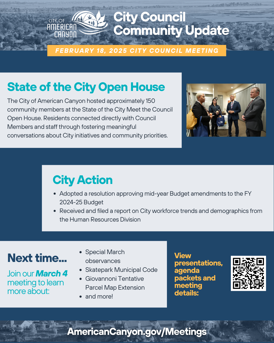 Main Document Summary: American Canyon City Council meeting summary for February 18, 2025, covering State of the City Open House and city actions. State of the City Open House Section: City hosted approximately 150 community members at State of the City Meet the Council Open House where residents connected directly with Council Members and staff through meaningful conversations about city initiatives and community priorities. Photo shows council members and staff talking with residents in hallway setting. City Actions Section: City Council adopted resolution approving mid-year budget amendments to FY 2024-25 Budget and received report on city workforce trends and demographics from Human Resources Division. Next Meeting Preview: March 4 meeting agenda preview featuring special March observances, Skatepark Municipal Code, and Giovannoni Tentative Parcel Map Extension with QR code for meeting details. Website Reference: Link to AmericanCanyon.gov/Meetings for full meeting materials and agendas.